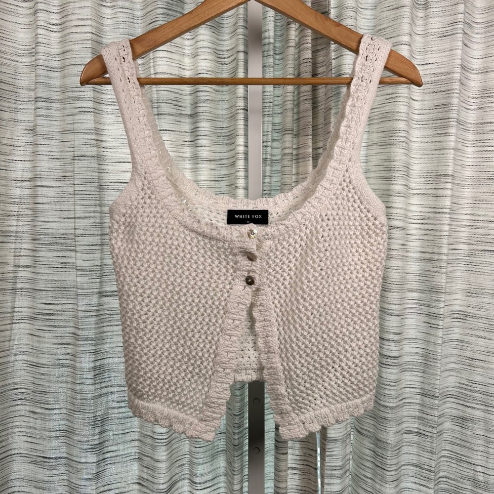 White Fox Knit Crop Top White Womens Size M Medium Med Crochet Button Front EUC